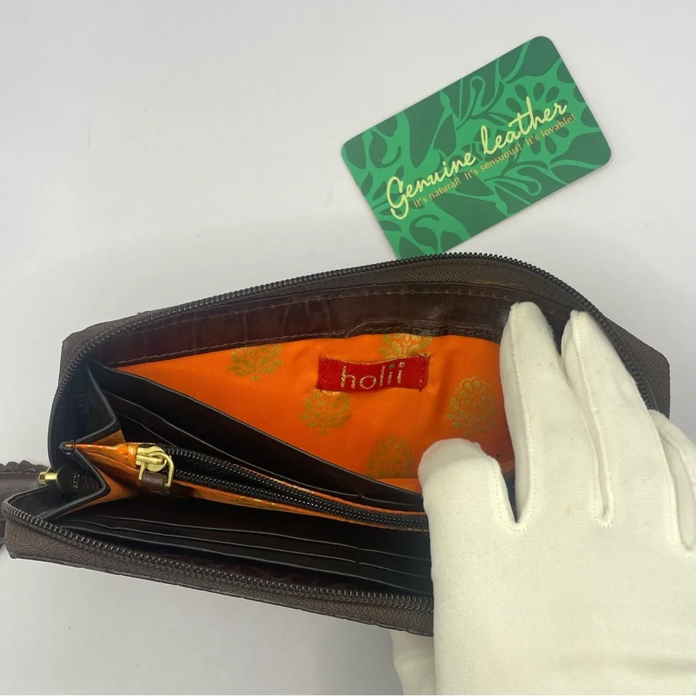 Y2K Holii Brown Embossed Leather Wallet With Antiqued Gold Hardware